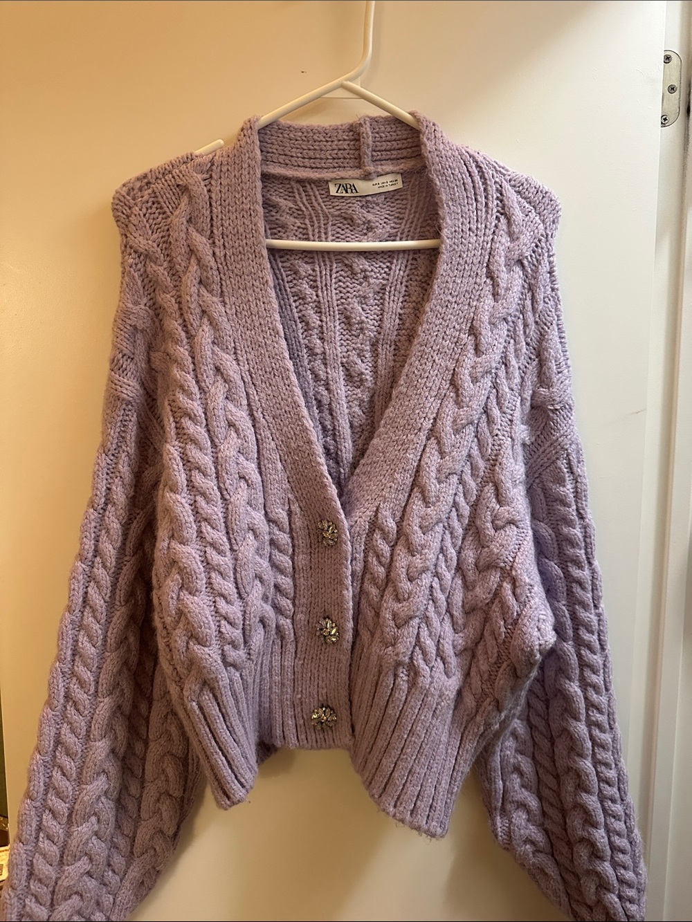 ZARA Lavender Cable-Knit Cropped Cardigan with Decorative Buttons